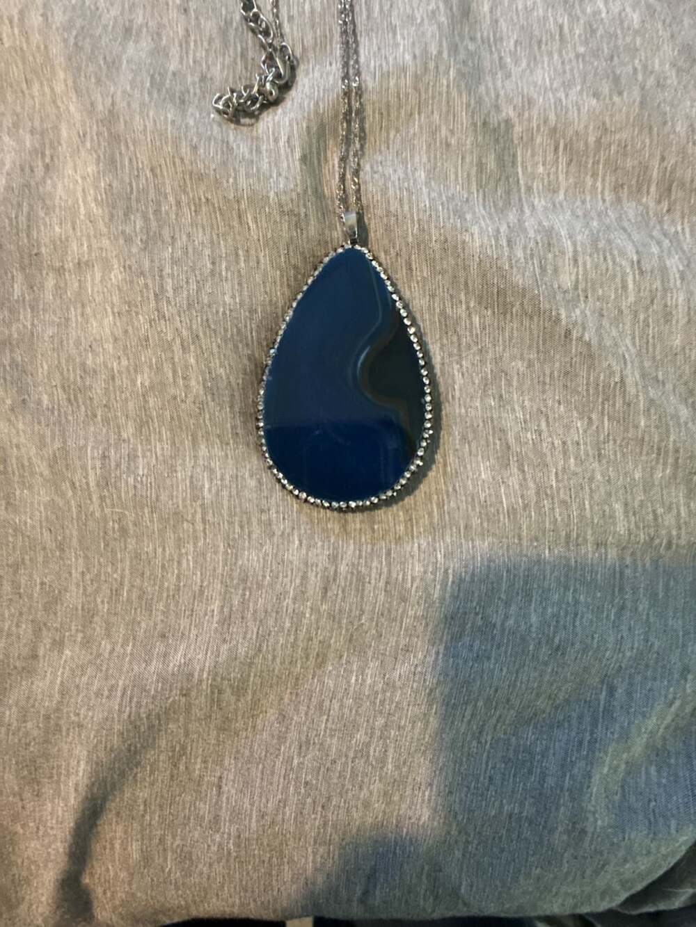 Blue Agate Slice Teardrop Pendant Necklace with Rhinestone Trim